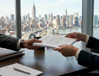 Person handing another person papers with New York City skyline in background