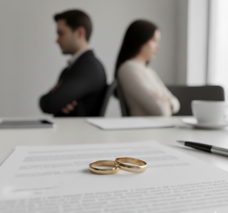 Couple with rings on divorce paper
