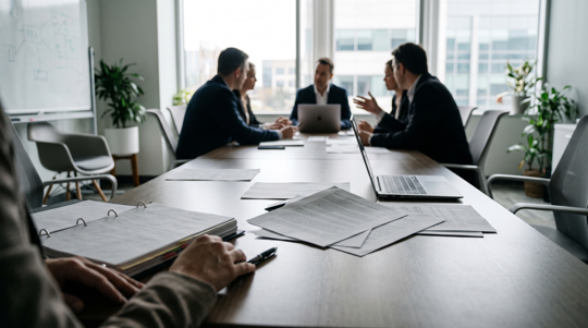 Close-up of legal documents and an open binder on a conference table, with business executives meeting out of focus in the background.