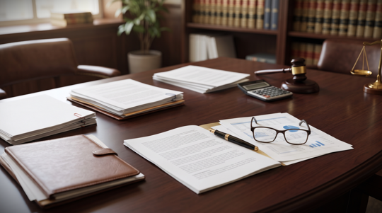 A wooden conference desk in a law library with stacks of legal documents, a financial report, eyeglasses, a pen, a calculator, a gavel, and the scales of justice.