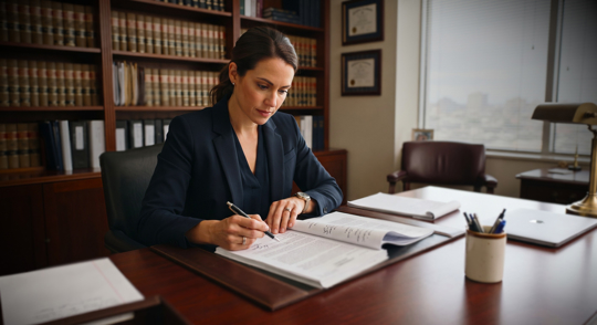 Woman at desk reviewing contract
