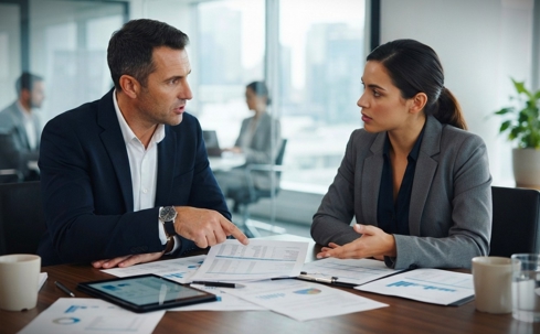 Photo of two people talking at a table with papers around them