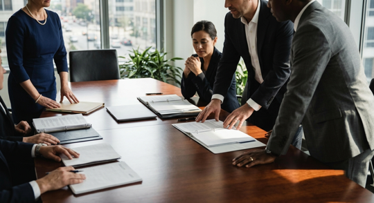 Photo of people meeting in a room at a table with papers