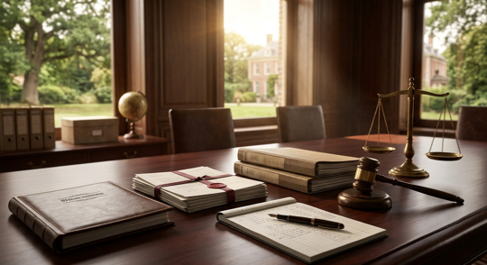 Picture of desk with gavel and books